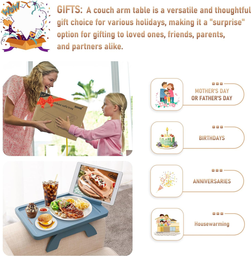 SINWANT Couch Arm Table, Bamboo Sofa Clip on Tray Tables,Sofa Armrest Tray with 360° Phone Holder,Couch Armrest Table for Eating and Drinking