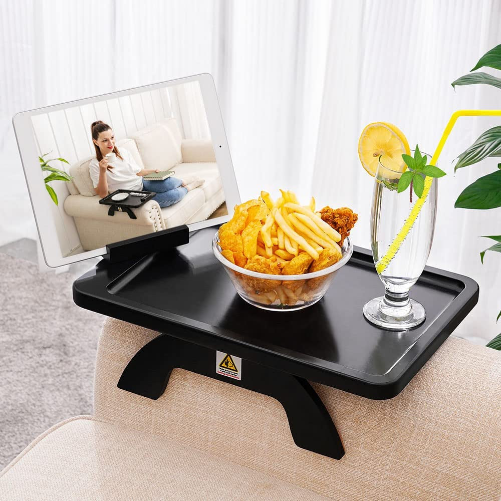 SINWANT Couch Arm Table, Bamboo Sofa Clip on Tray Tables,Sofa Armrest Tray with 360° Phone Holder,Couch Armrest Table for Eating and Drinking