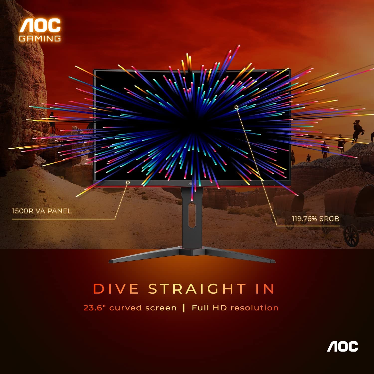 AOC C24G1A 24" Curved Frameless Gaming Monitor, FHD 1920X1080, 1500R, VA, 1Ms MPRT, 165Hz (144Hz Supported), Freesync Premium, Height Adjustable Black