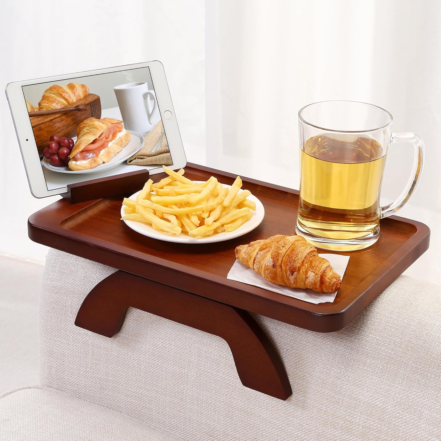SINWANT Couch Arm Table, Bamboo Sofa Clip on Tray Tables,Sofa Armrest Tray with 360° Phone Holder,Couch Armrest Table for Eating and Drinking
