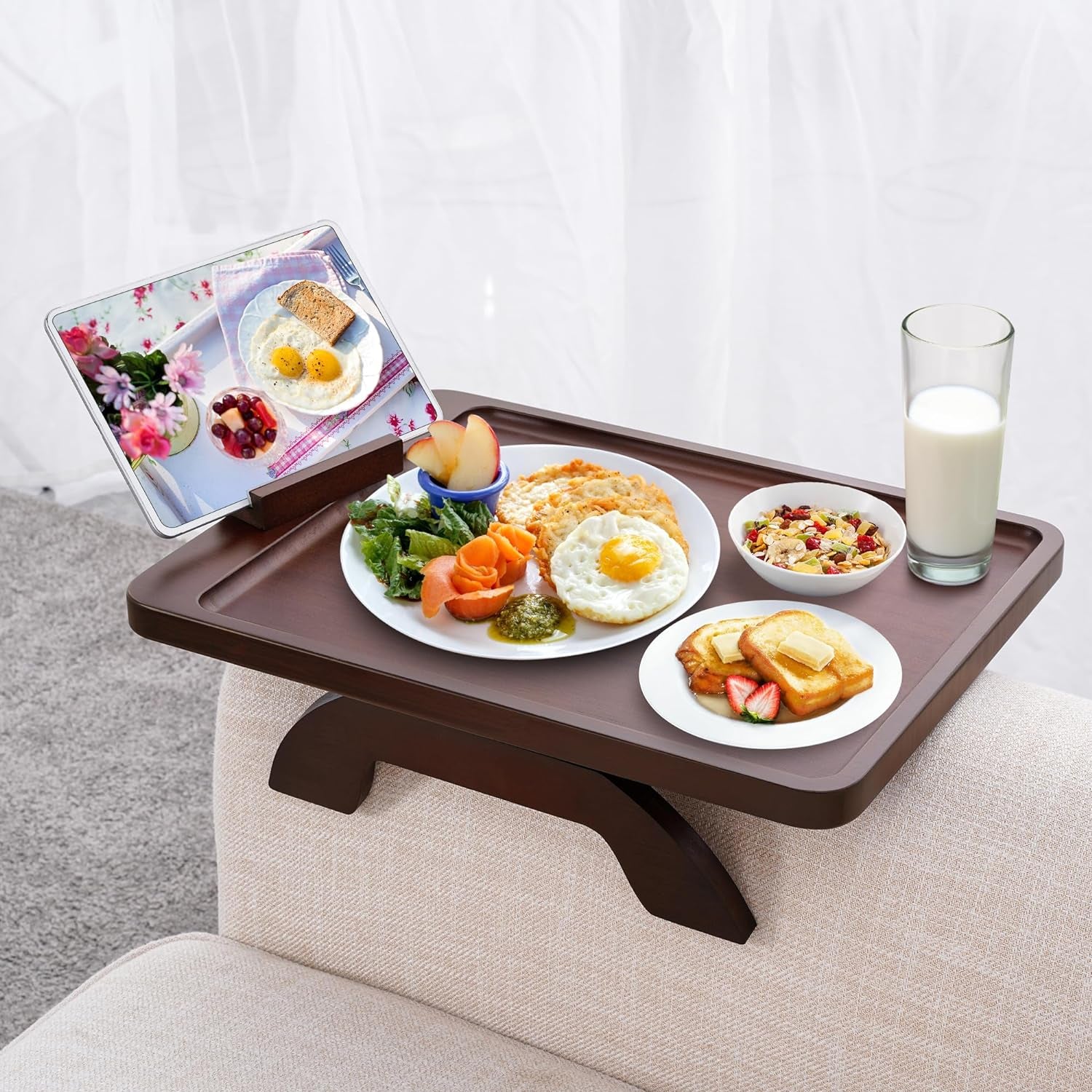 SINWANT Couch Arm Table, Bamboo Sofa Clip on Tray Tables,Sofa Armrest Tray with 360° Phone Holder,Couch Armrest Table for Eating and Drinking