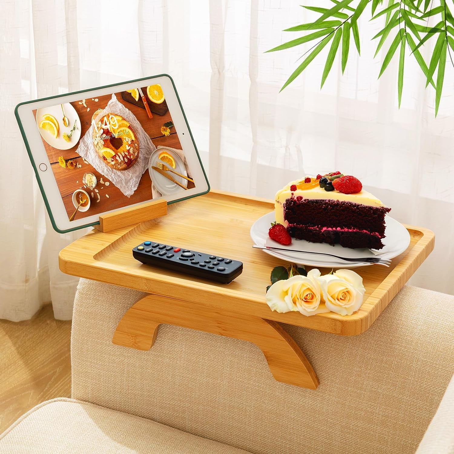 SINWANT Couch Arm Table, Bamboo Sofa Clip on Tray Tables,Sofa Armrest Tray with 360° Phone Holder,Couch Armrest Table for Eating and Drinking