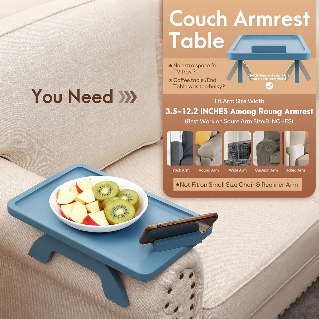SINWANT Couch Arm Table, Bamboo Sofa Clip on Tray Tables,Sofa Armrest Tray with 360° Phone Holder,Couch Armrest Table for Eating and Drinking